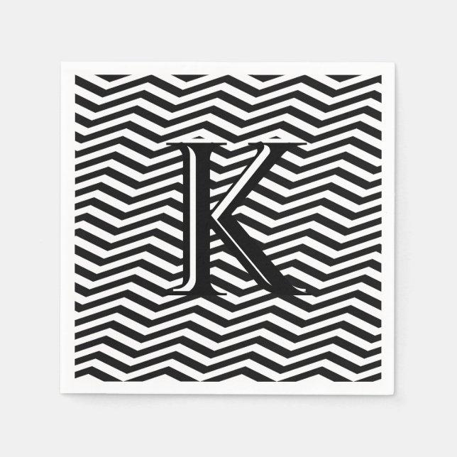 Stylish Black White Chevron Stripe Monogram Custom Napkins (Front)