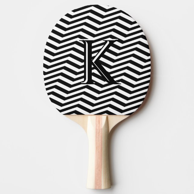 Stylish Black White Chevron Stripe Monogram Custom Ping Pong Paddle (Front)