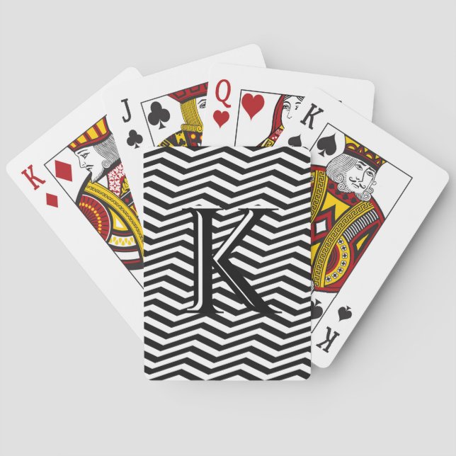Stylish Black White Chevron Stripe Monogram Custom Poker Cards (Back)