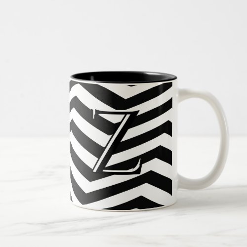 Stylish Black White Chevron Stripe Monogram Custom Two_Tone Coffee Mug