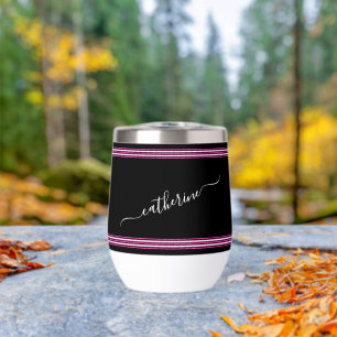 Stylish Black White Cursive Name Hot Pink Thermal Wine Tumbler