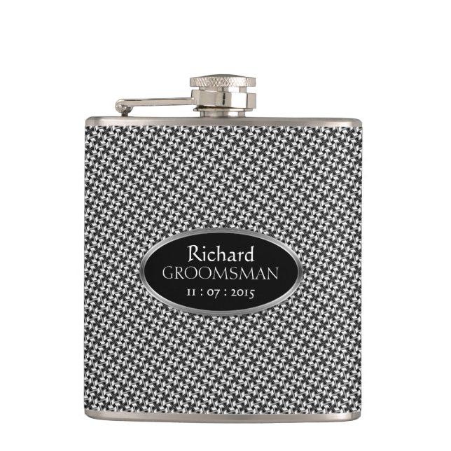 Stylish Black White Custom Design Groomsmen Gift Flask (Front)