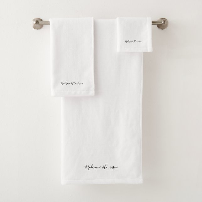 Stylish black & white custom script name text chic bath towel set (Insitu)