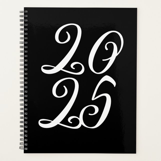 Stylish black white custom script year typography planner (Front)