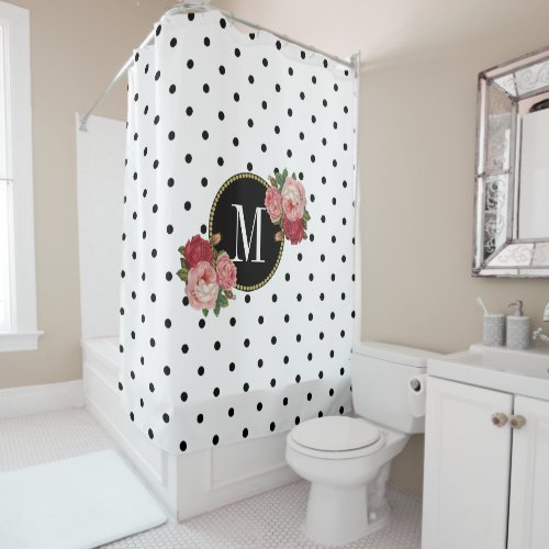 Stylish Black White Dots Antique Floral Monogram Shower Curtain