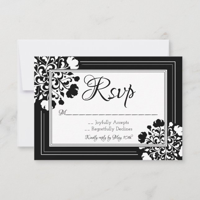 Stylish Black & White Floral RSVP Card (Front)