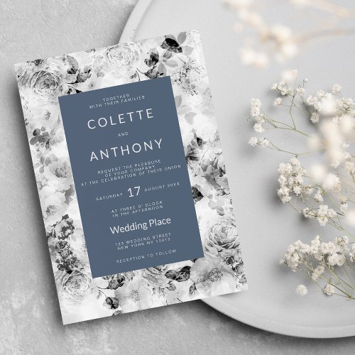 Stylish black white floral vintage gray wedding invitation
