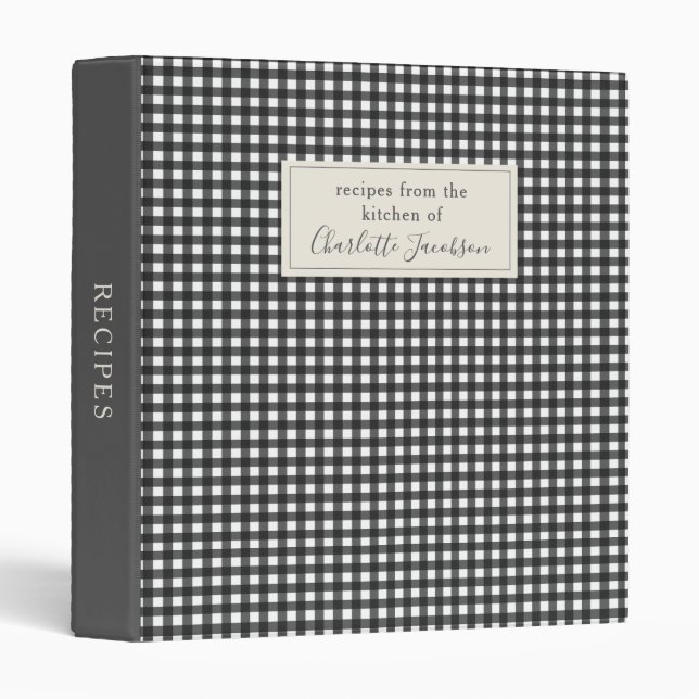 Stylish Black White Gingham Plaid Monogram Recipe 3 Ring Binder (Front/Spine)