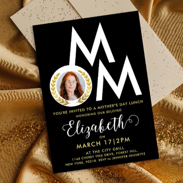 Stylish Black White Gold Mom Laurel Wreath Typo Invitation (Creator Uploaded)