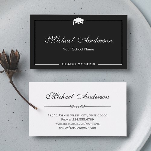 Stylish Black White Grad Cap Graduation Name Card Double-Sided Standard Business Cards (Pack Of 100)