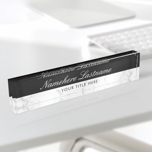 Stylish Black White Grey Marble Elegant Script Desk Name Plate