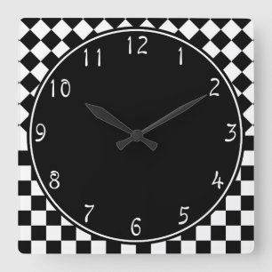 Stylish Black White Half Diamond Checkerboard Square Wall Clock