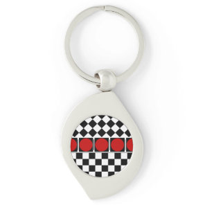 Stylish Black White Half Diamond Checkers red band Keychain