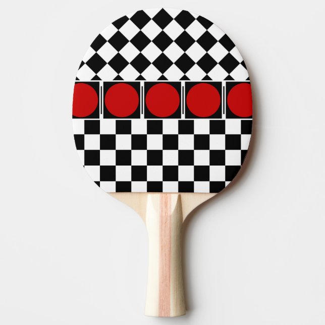 Stylish Black White Half Diamond Checkers red band Ping-Pong Paddle (Front)