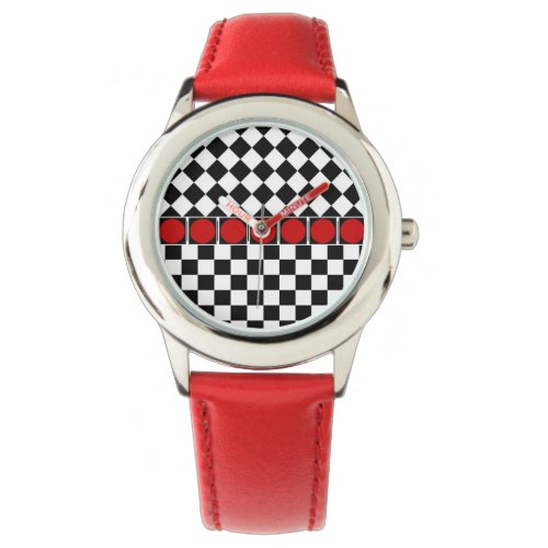 Stylish Black White Half Diamond Checkers red band Watch