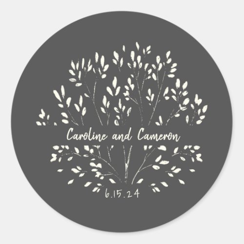 Stylish Black White Hand Painted Floral Wedding  Classic Round Sticker