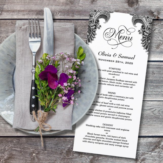 Stylish Black White Lace Wedding Menu (Creator Uploaded)