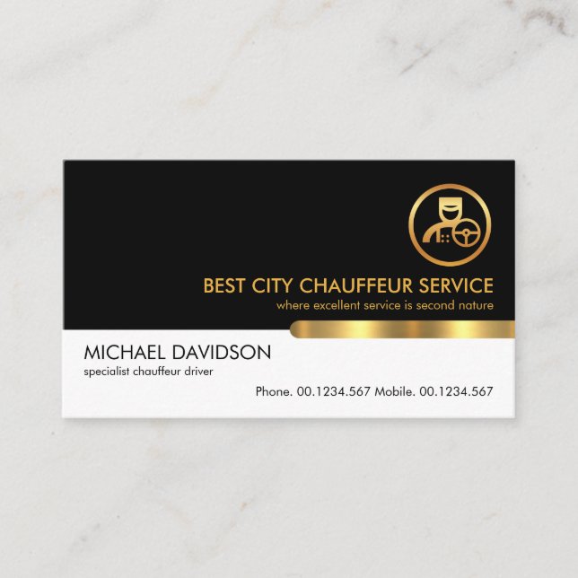 Stylish Black White Layer Gold Tab Chauffeur Business Card (Front)