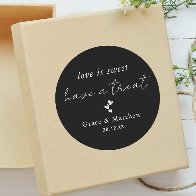 Stylish Black & White Love is Sweet Wedding Favor Classic Round Sticker (Creator Uploaded)