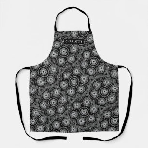 Stylish Black White Modern Mandala Pattern Name Apron