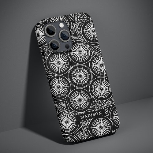 Stylish Black White Modern Mandala Pattern Name Case_Mate iPhone 14 Case