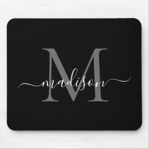 Stylish Black White Monogram Script Simple Modern Mouse Pad