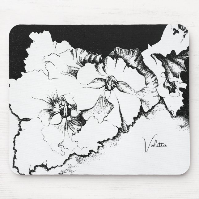 Stylish Black & White Original Stipple Art Floral Mouse Pad (Front)