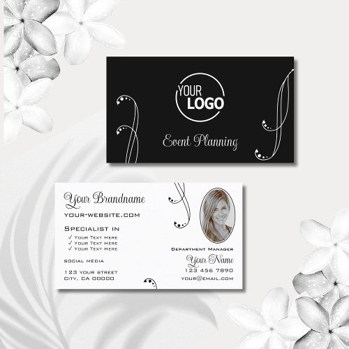 Stylish Black White Ornate with Logo and Photo Business Card