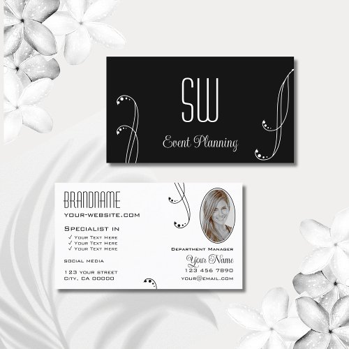 Stylish Black White Ornate with Monogram and Photo Business Card