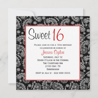 Stylish Black & White Paisley Sweet 16 Birthday Invitation