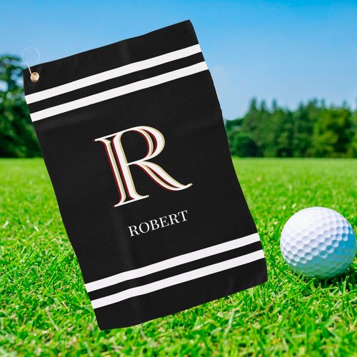 Stylish Black White Personalized Monogram Name  Golf Towel