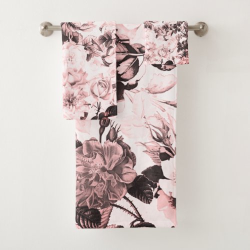 Stylish Black White Pink Watercolor Country Floral Bath Towel Set