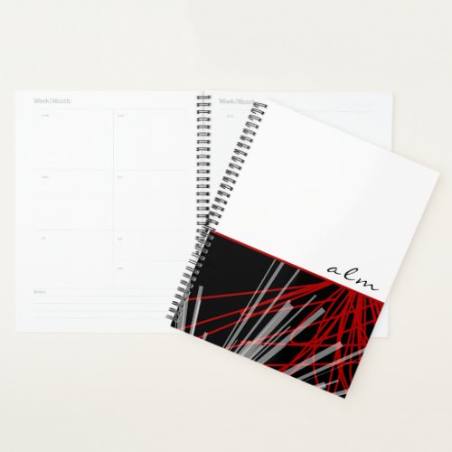 Stylish Black White  Red Abstract with Monogram Planner