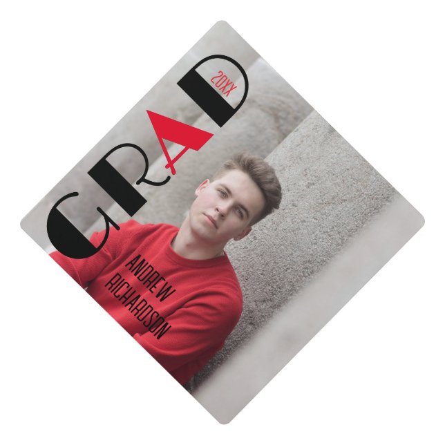 Stylish black white red Bold photo Graduation Cap Topper (Front)