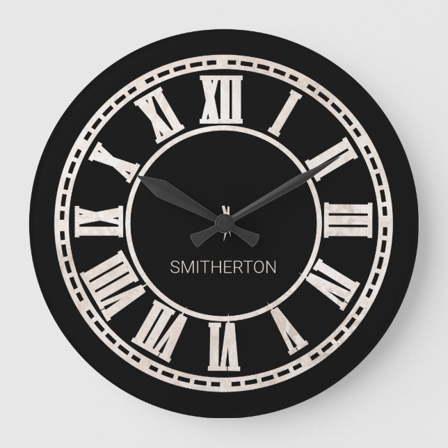 Stylish Black White Roman Numerals Name Large Clock (Front)