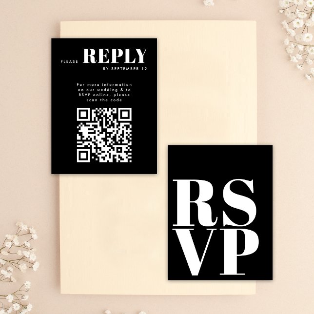 Stylish Black White RSVP Cards for Wedding QR Code (Front / Back)