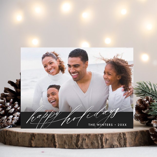 Stylish Black & White Script Christmas Photo Holiday Card (Creator Uploaded)