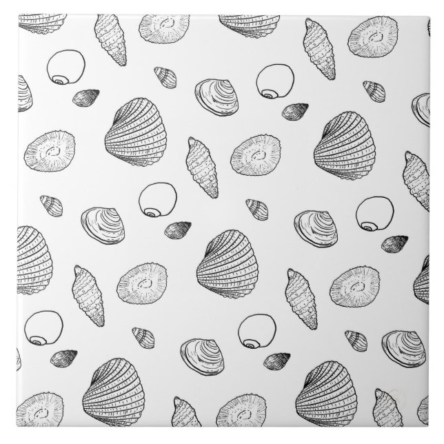 Stylish Black White Seashells Pattern Ceramic Tile (Front)