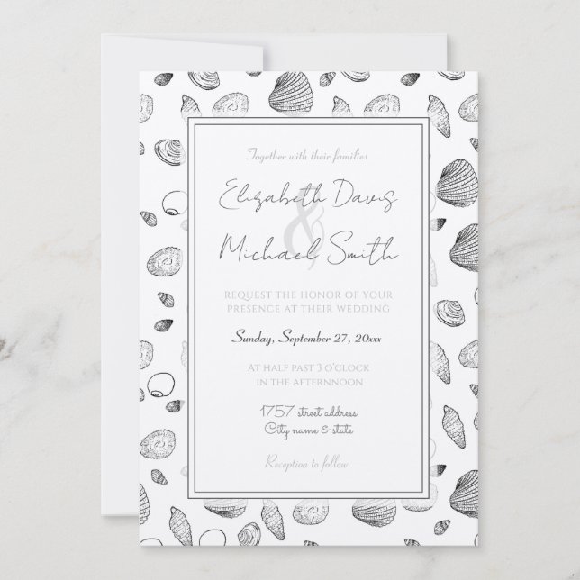 Stylish Black White Seashells Pattern Invitation (Front)