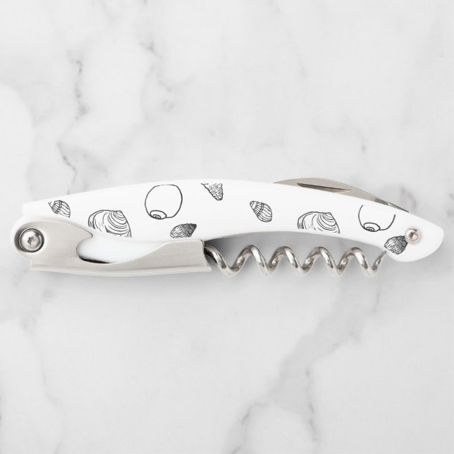Stylish Black White Seashells Pattern Waiter's Corkscrew (Front)
