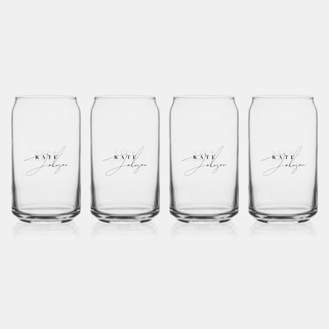 Stylish Black White Signature Script Monogram Can Glass (Front)