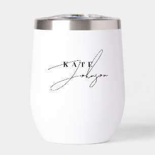 Stylish Black White Signature Script Monogram Thermal Wine Tumbler