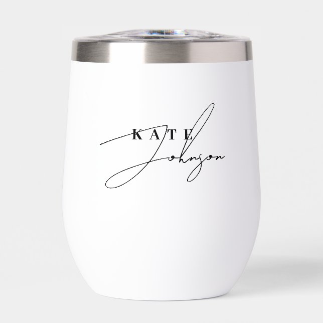 Stylish Black White Signature Script Monogram Thermal Wine Tumbler (Front)