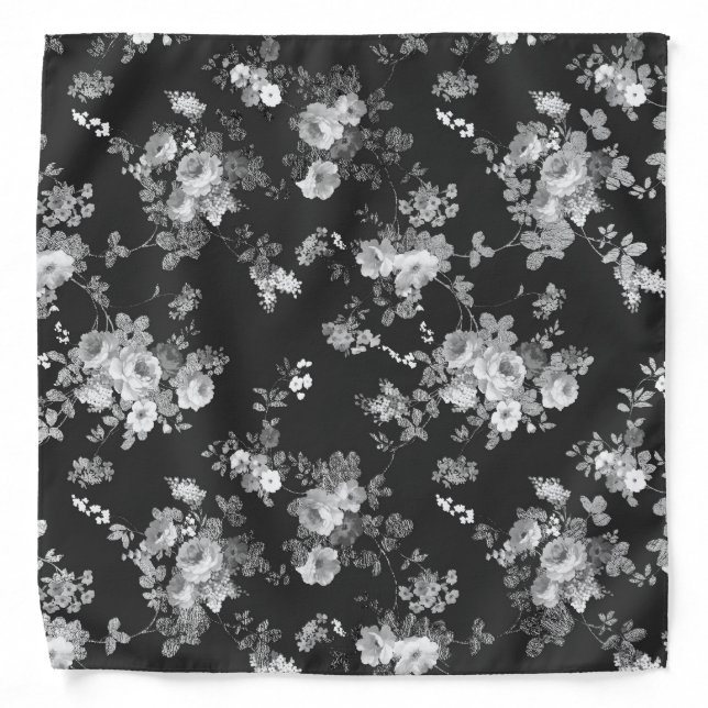 Stylish black white silver gold boho floral bandana (Front)