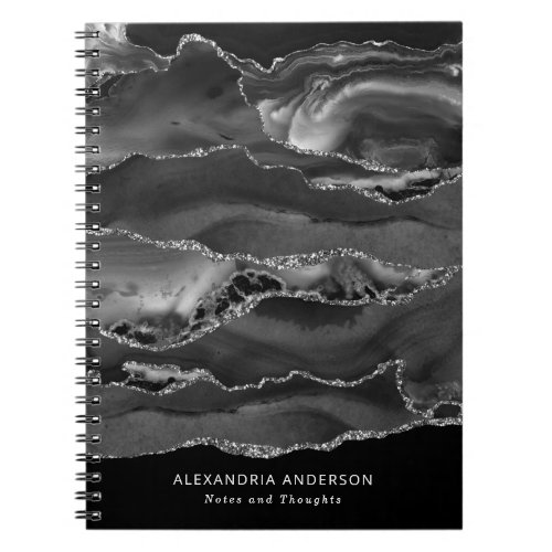 Stylish Black White Silver Gray Marble Agate Geode Notebook