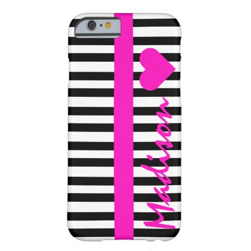 Stylish black white stripes neon pink personalized barely there iPhone 6 case