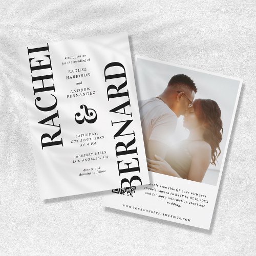 Stylish Black  White Typography QR Code Wedding Invitation