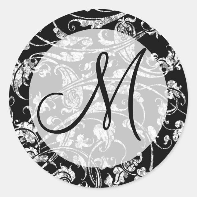 Stylish Black White Wedding Damask Monogram Design Classic Round Sticker (Front)