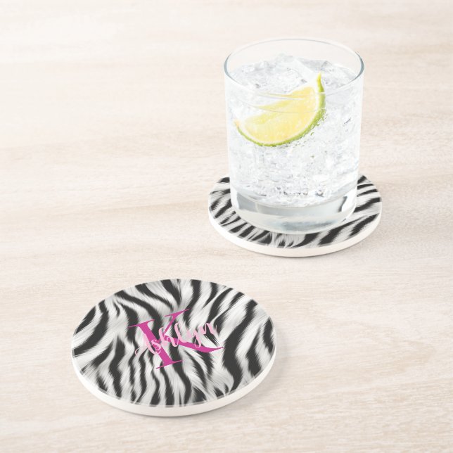 Stylish Black White Zebra Animal Pink Monogram Coaster (Side)