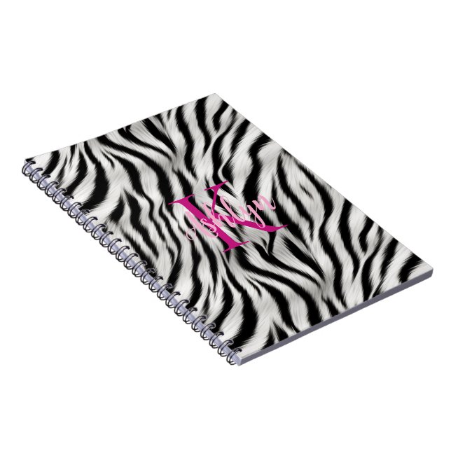 Stylish Black White Zebra Animal Pink Monogram Notebook (Right Side)